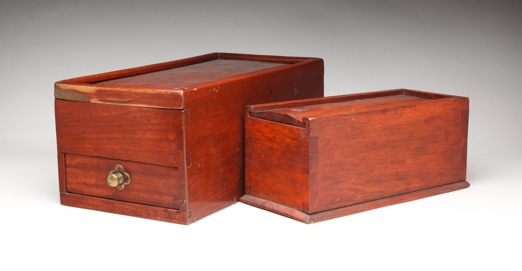 TWO SLIDE LID BOXES. Mid 19th century
