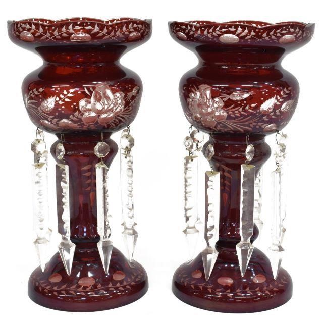  PR FLORAL RUBY GLASS CUT TO CLEAR 3bf73e