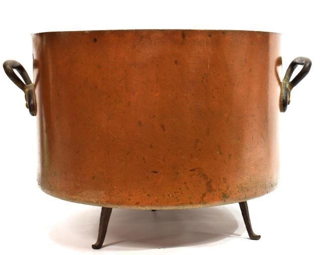 LARGE COPPER CAULDRON ON IRON STAND,