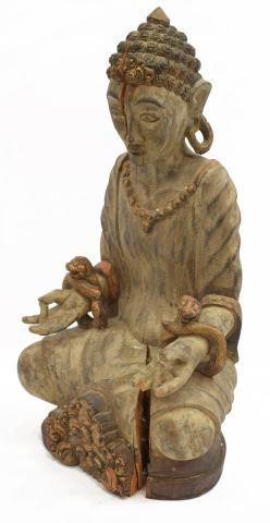 LARGE CARVED HARDWOOD BUDDHA FIGURE,