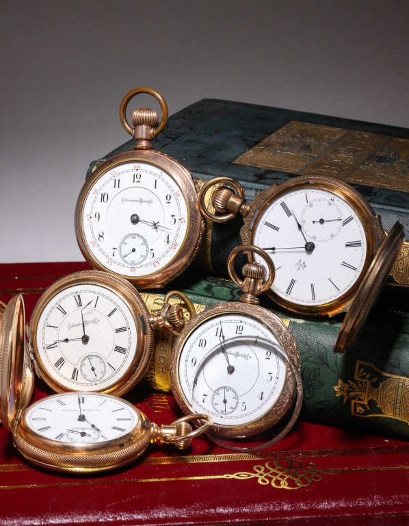 FIVE NON-RUNNING COLUMBUS POCKET WATCHES.