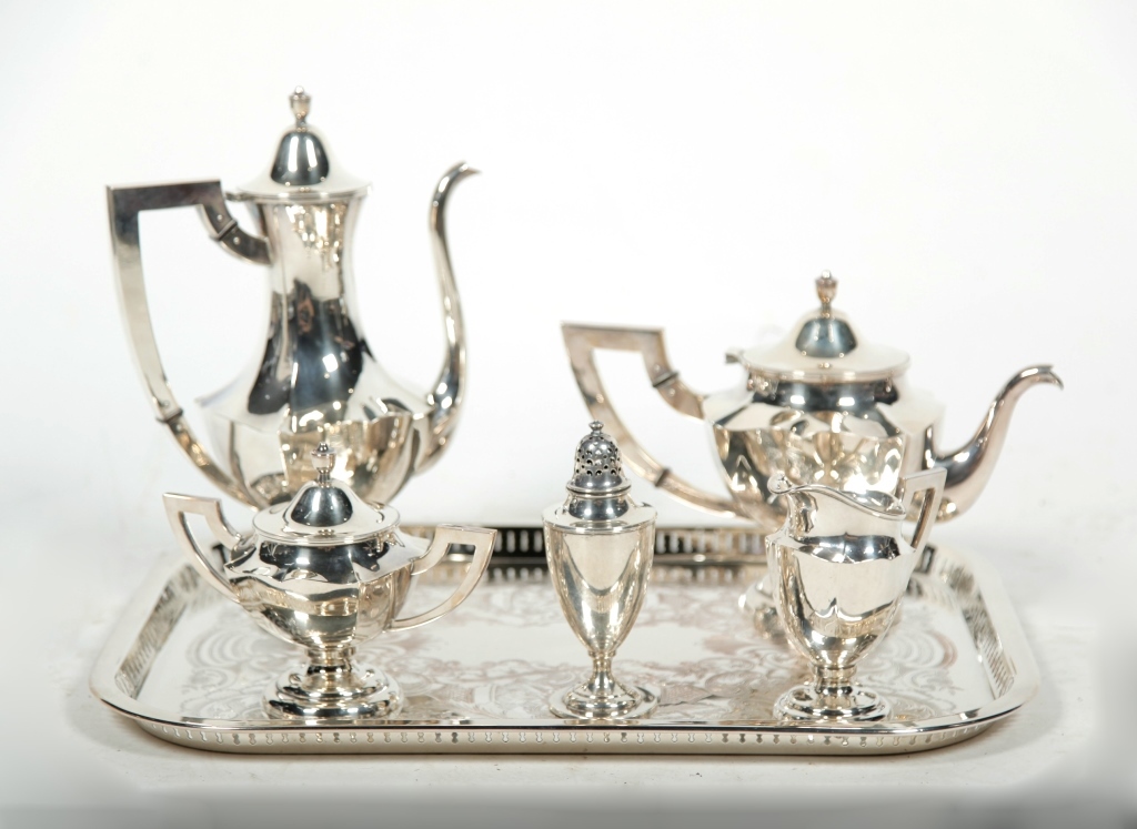 STERLING TEA SET AND MUFFINEER  3bf775