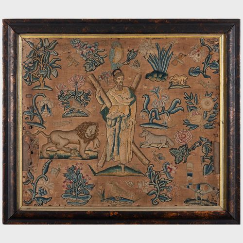 CHARLES II STUMPWORK FIGURAL PANEL 3bd0c8