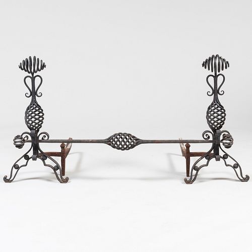 PAIR OF WROUGHT IRON ANDIRONS AND 3bd207