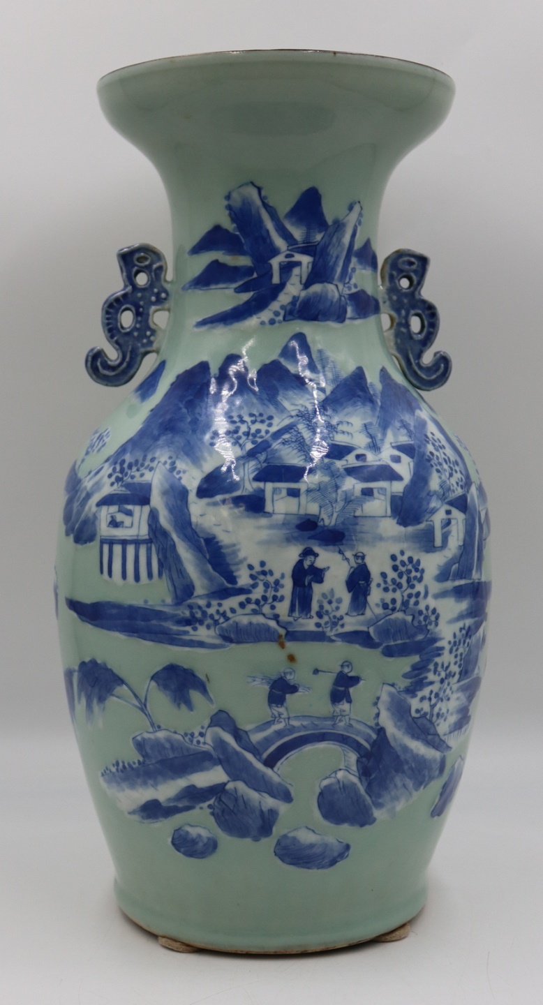19TH C CELADON VASE WITH BLUE AND
