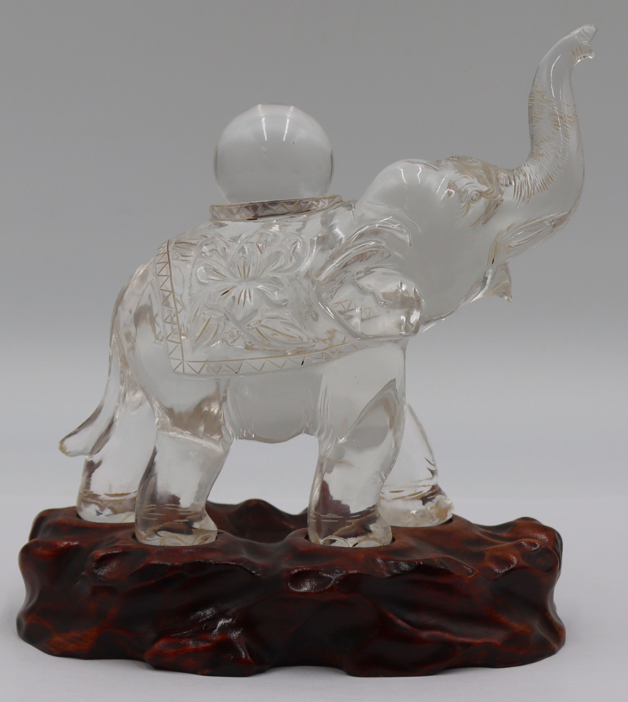 CARVED ROCK CRYSTAL ELEPHANT WITH