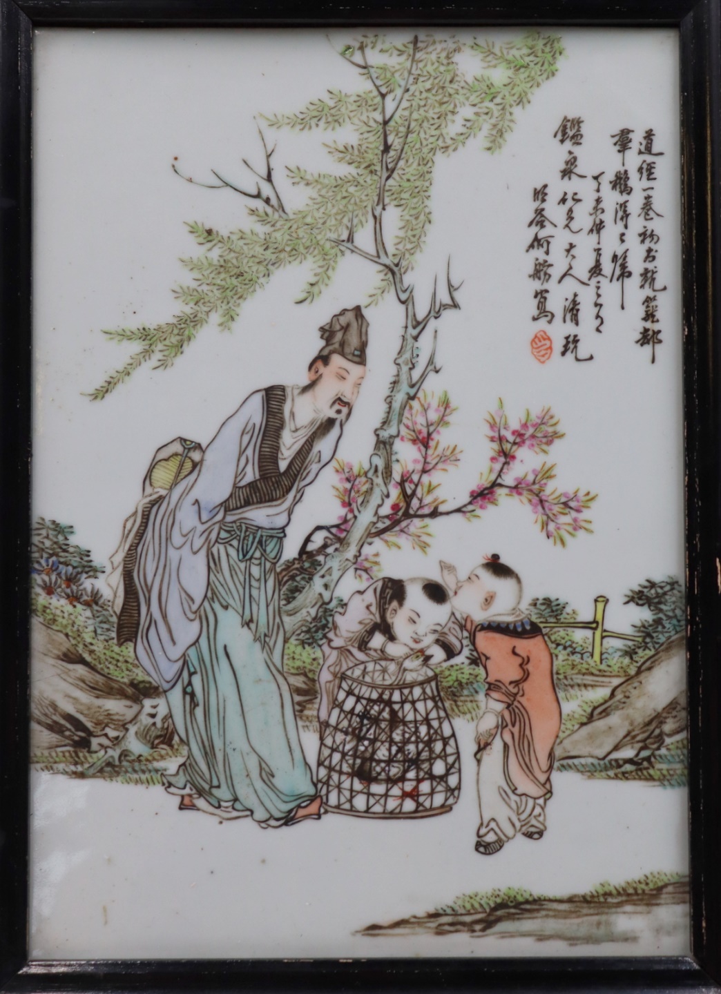 SIGNED ASIAN ENAMEL DECORATED PLAQUE.