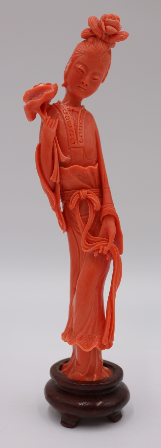 CARVED CORAL FIGURE OF A QUAN YIN.