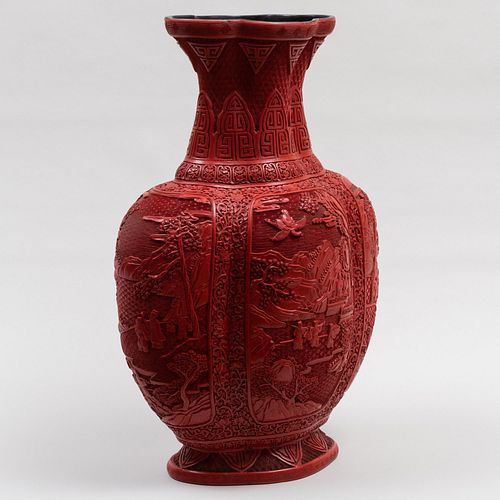 CHINESE LOBED CINNABAR STYLE VASEUnmarked 25 3bd5f3