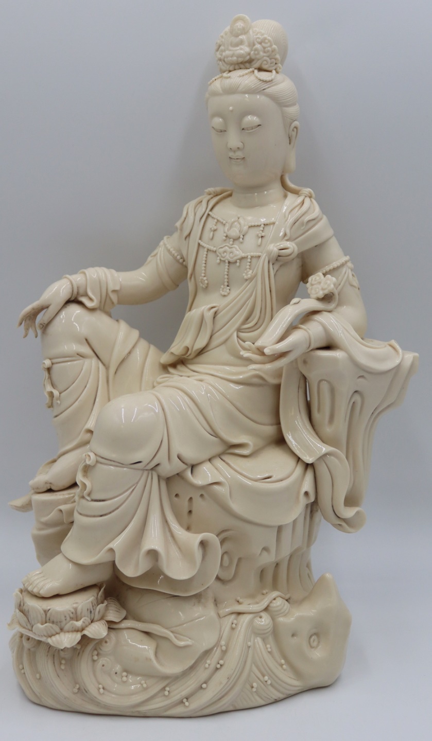 SIGNED BLANC DE CHINE SEATED QUAN YIN.