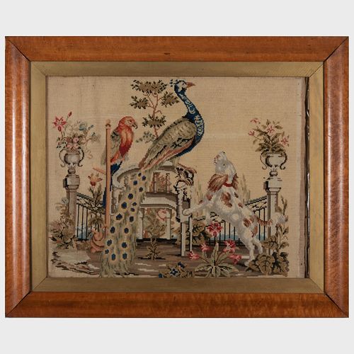 NEEDLEWORK PANEL OF A DOG A PEACOCK 3bd89e