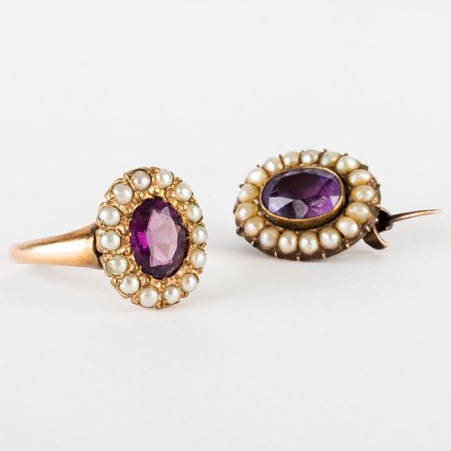 AMETHYST, SEED PEARL AND 10K GOLD