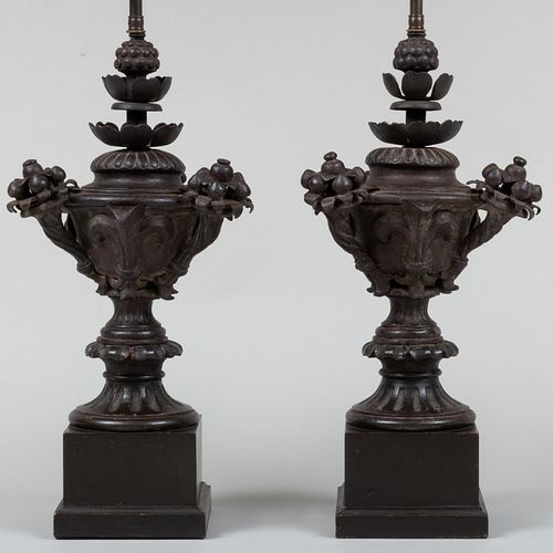 PAIR OF PATINATED METAL URN FORM