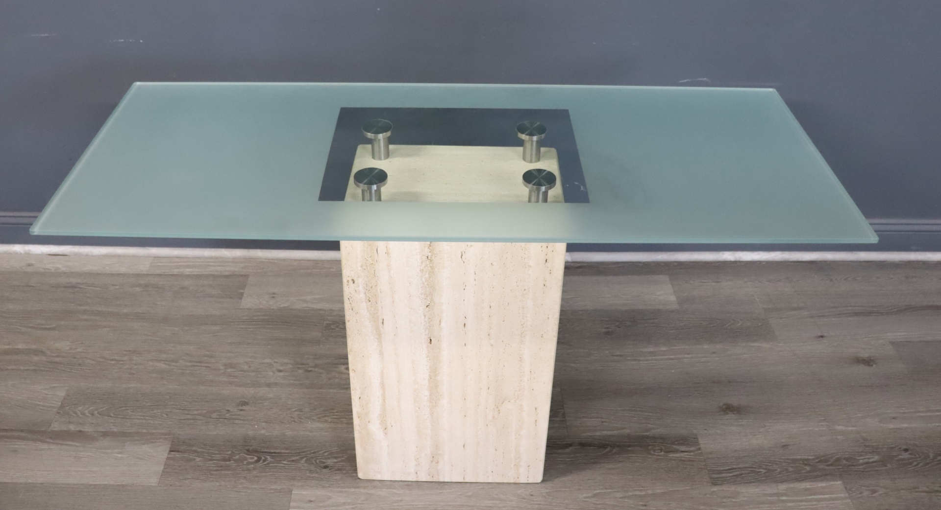 VINTAGE GLASS TOP TABLE WITH TRAVERTINE 3bda8a