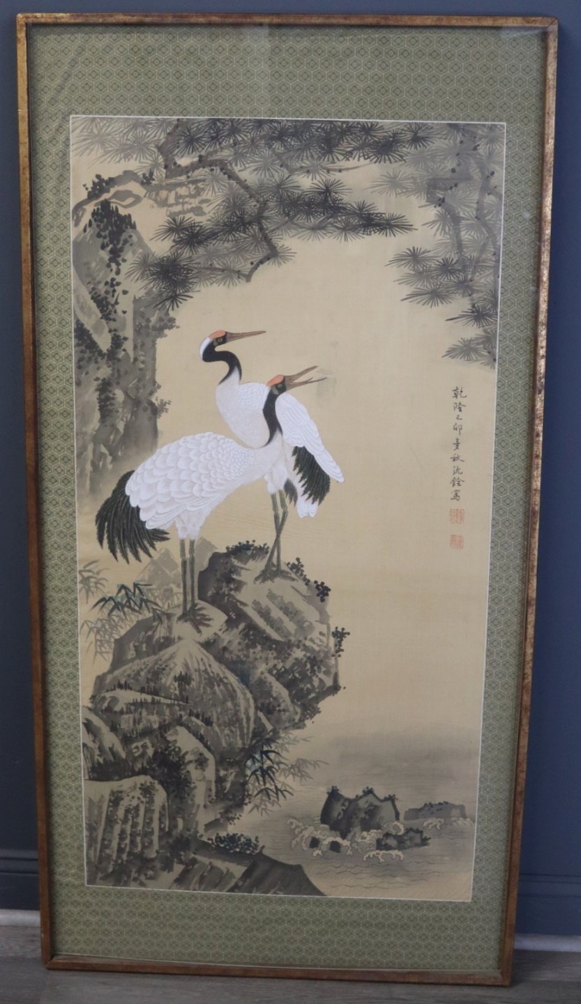 ASIAN SCROLL PAINTING OF CRANES  3bdc6e
