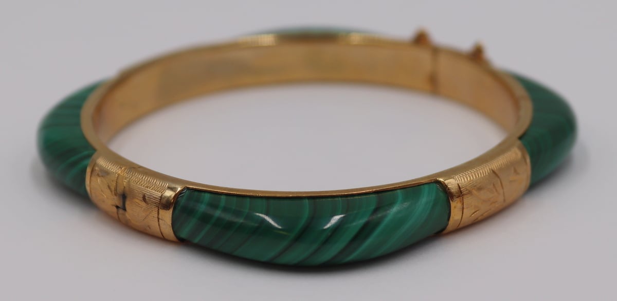 JEWELRY. GILT MALACHITE HINGED