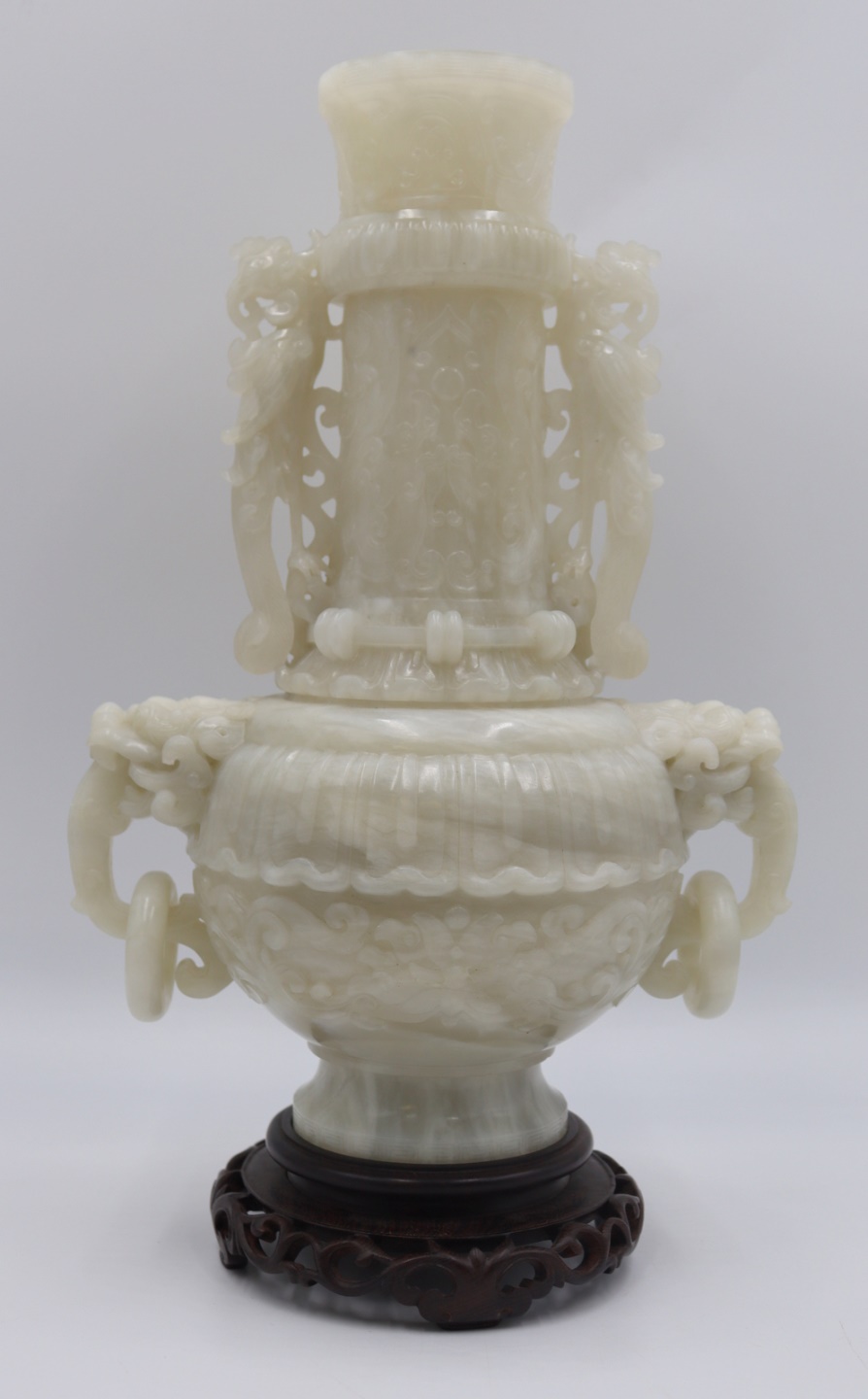 HIGHLY CARVED WHITE JADE URN. With