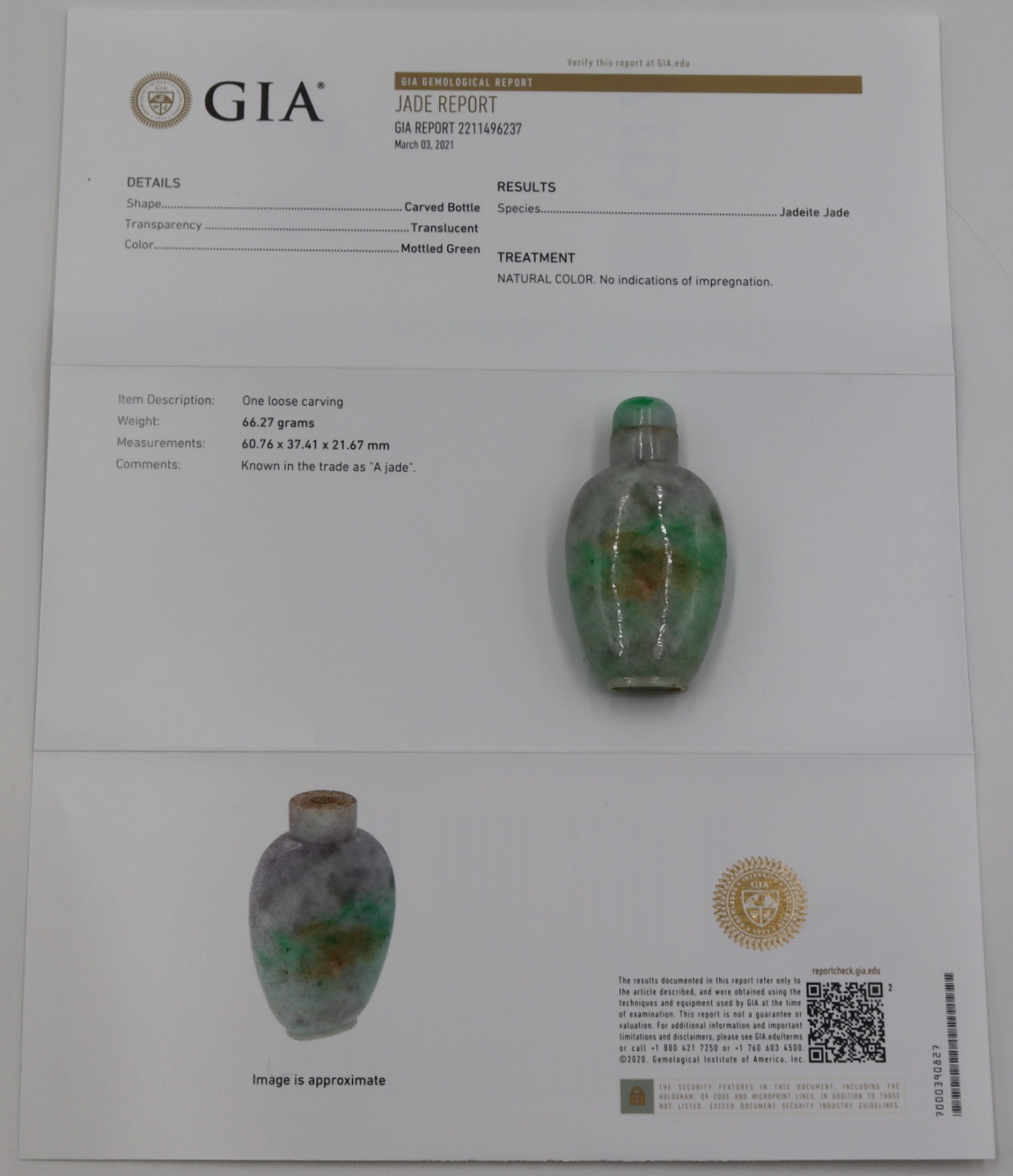 GIA JADEITE JADE SNUFF BOTTLE  3bde9e