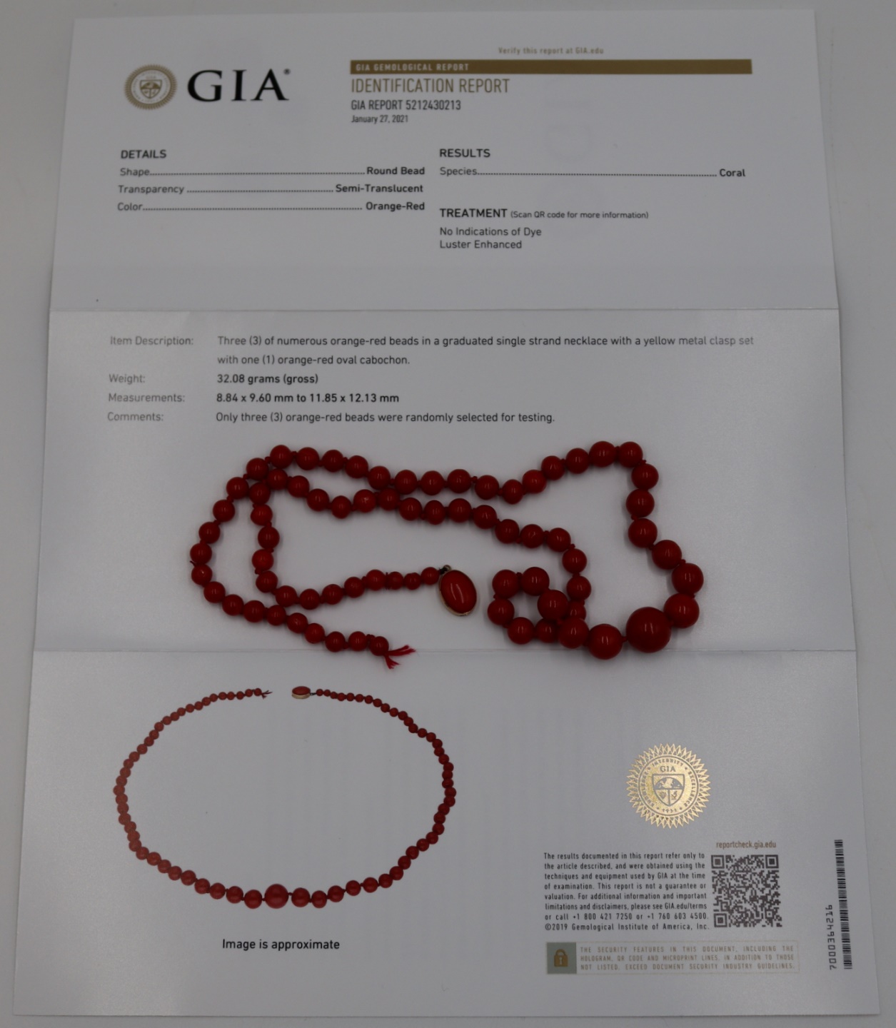 JEWELRY. GIA NATURAL UNDYED CORAL, NO.