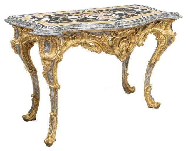 ORNATE PIETRA DURA GILT ACCENTED CONSOLE