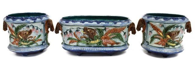 (3) FRENCH MAJOLICA JARDINIERE GARNITURE