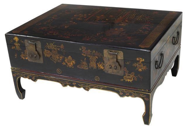 CHINESE BLACK LACQUER FIGURAL TRUNK