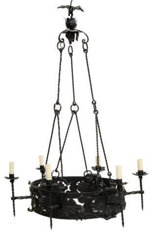 FRENCH BLACK IRON SIX-LIGHT CHANDELIERFrench