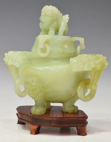 CHINESE CARVED GREEN JADE FOO DOG/