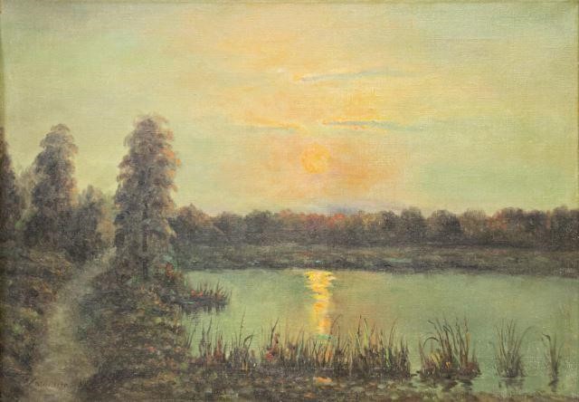 FRAMED OIL PAINTING SUNSET LANDSCAPE,