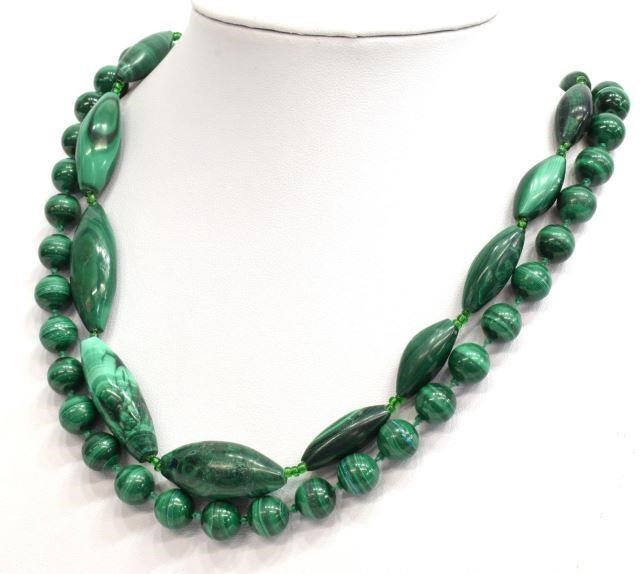 (2) GREEN MALACHITE BEADED NECKLACES(lot