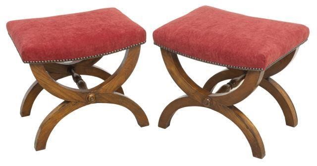  2 FRENCH UPHOLSTERED CURULE FOOTSTOOLS pair  3c1266