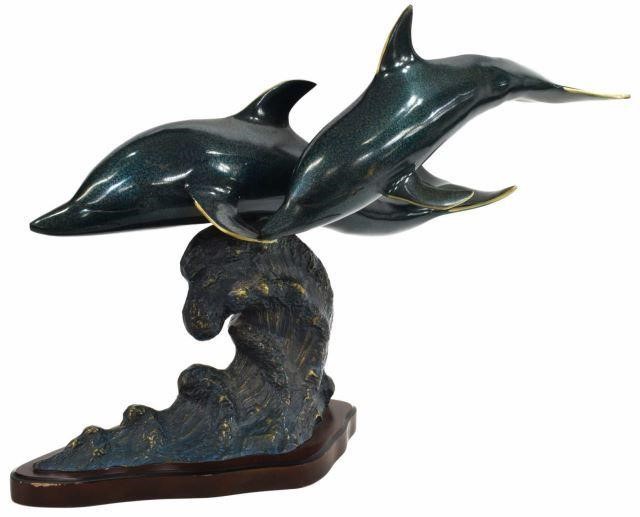 CAST METAL SWIMMING DOLPHINS SCULPTURECast 3c12ac