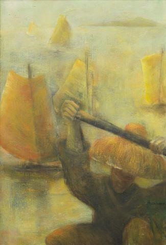 FRAMED OIL PAINTING FISHERMAN &