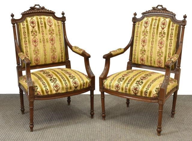  2 LOUIS XVI STYLE CARVED UPHOLSTERED 3c130a