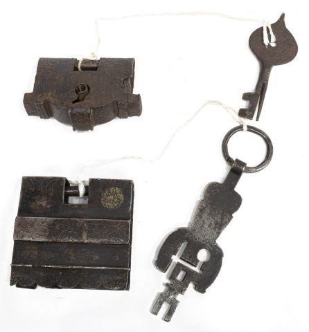 (2) ANTIQUE HAND FORGED IRON LOCKS,