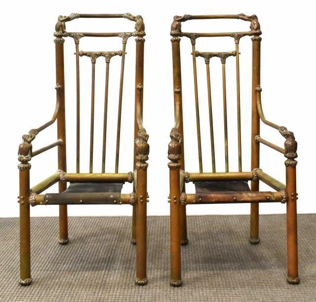 (2) UNUSUAL BRONZE CHAIRS W/ LEATHER