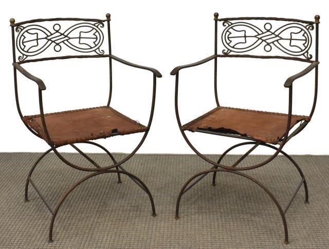  2 WROUGHT IRON LEATHER SEAT CURULE 3c18bc