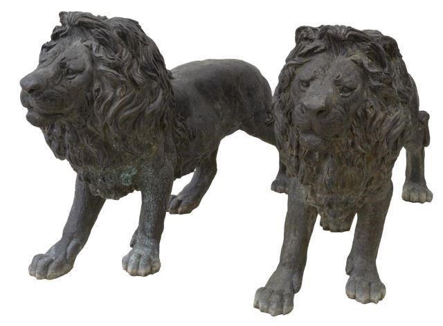 (2) PATINATED BRONZE STANDING LIONS,
