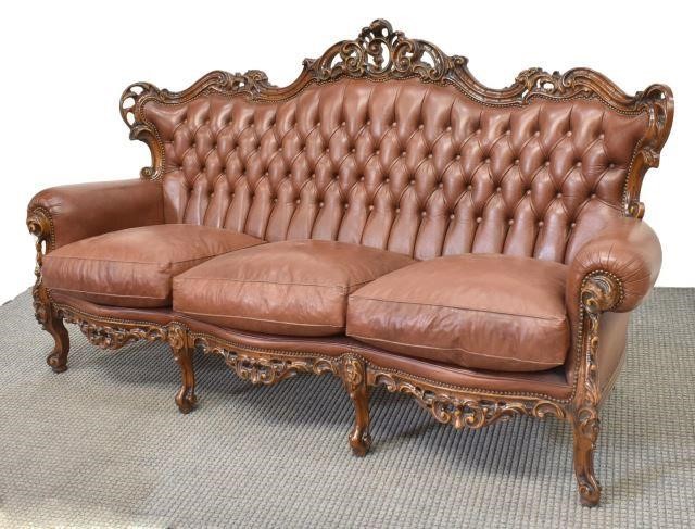 LOUIS XV STYLE CARVED LEATHER TUFTED