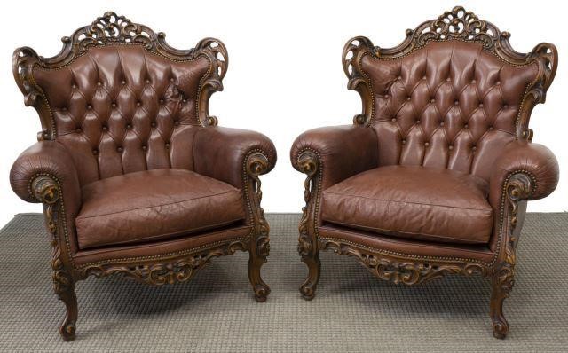  2 LOUIS XV STYLE CARVED LEATHER 3c1ce0
