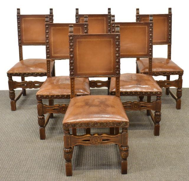  6 FRENCH CARVED OAK LEATHER 3c1d3a