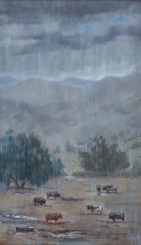 WESTERN PAINTING CATTLE IN RAINSTORM,