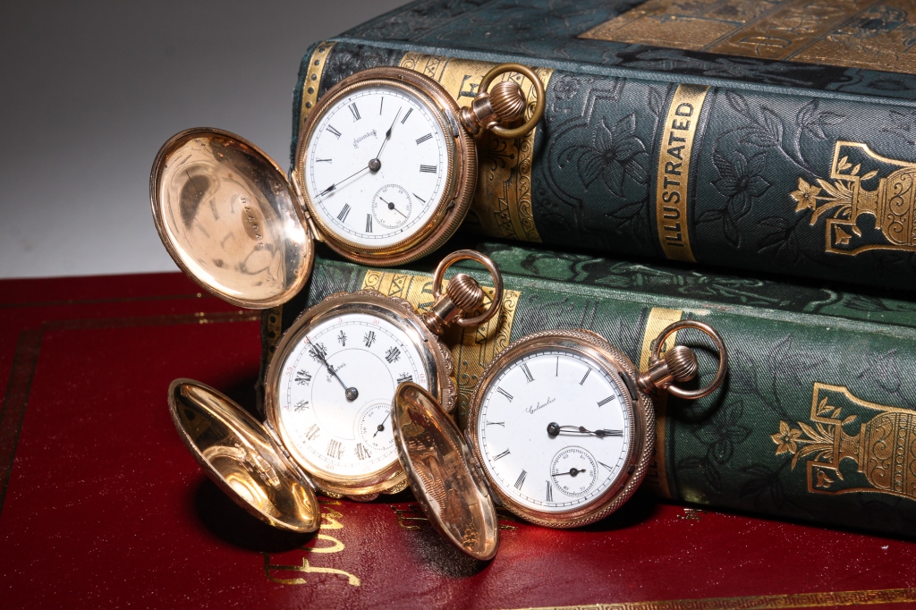 THREE GOLD FILLED LADIES POCKET WATCHES.