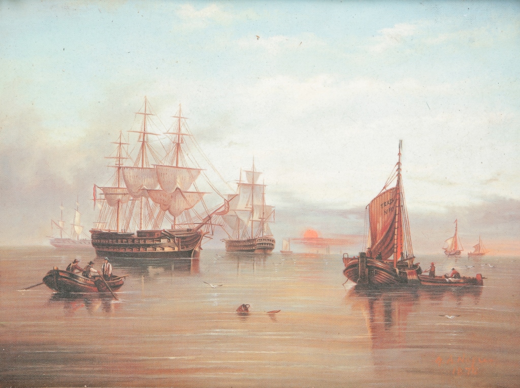 EUROPEAN OIL ON CANVAS HARBOR SCENE.