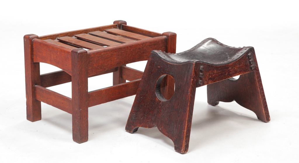 TWO ARTS AND CRAFTS OAK FOOTSTOOLS.