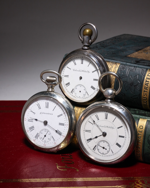 THREE OPEN FACE COLUMBUS POCKET WATCHES.