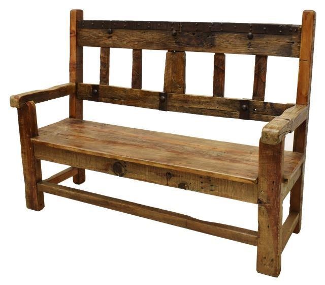 RUSTIC MESQUITE WOOD IRON BENCH  3bfce5