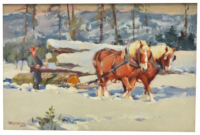 HORSES SNOW OIL PAINTING SIGNEDFramed 3bfd25