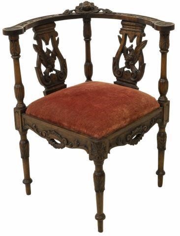 FRENCH FIGURAL CARVED CORNER CHAIR