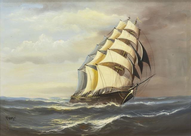 FRAMED OIL PAINTING SHIP AT SEA  3c04b4